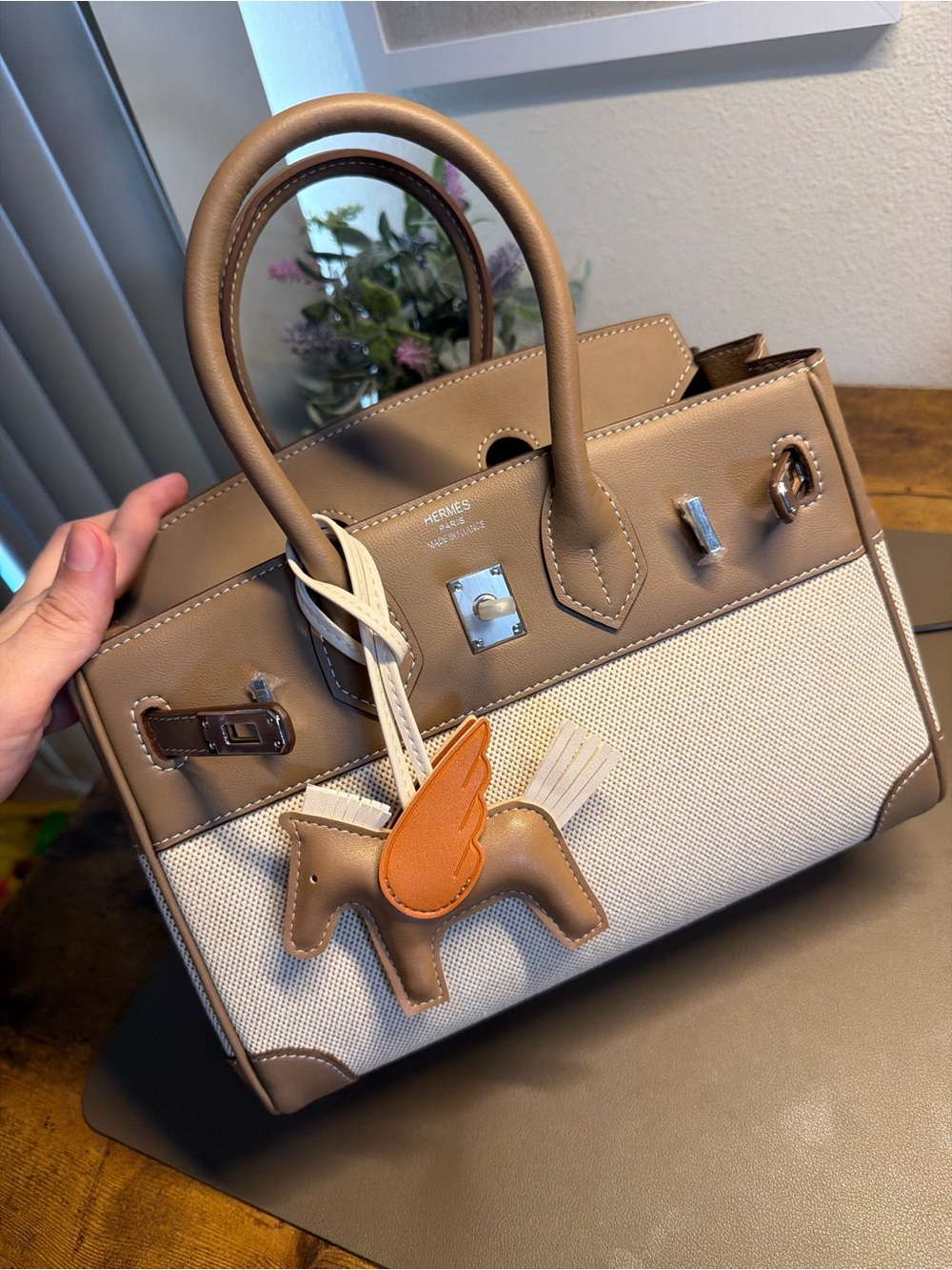 Unlisted Natural Canvas & Taupe Leather Satchel with Orange Charm